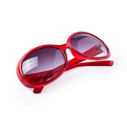 Red sunglasses with dark lenses and a sleek, modern design, featuring a logo on the arm.