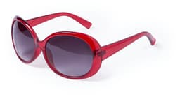 A pair of red sunglasses with dark lenses and a glossy finish, featuring a sleek, oversized design.