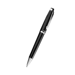 A black metal pen with a shiny finish and a silver clip, featuring a logo.