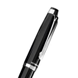 A metal pen in glossy black with a silver clip and accents, featuring branding.