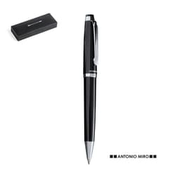 A black metal pen with a shiny finish, accompanied by a black box. Features a logo on the pen.