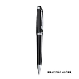 A black metal pen with a shiny silver clip and branding on the barrel.