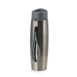 A drink bottle with a sleek silver body and grey lid, featuring a carrying strap and a logo.