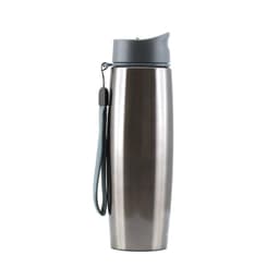 A drink bottle in stainless steel with a grey lid and a strap, featuring a logo on the side.