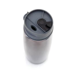 A drink bottle with a sleek stainless steel design and grey lid featuring an opening mechanism and a branding logo.