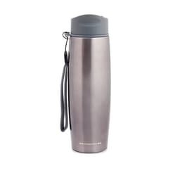 A drink bottle with a sleek stainless steel finish and a grey lid, featuring a carrying cord and a logo.