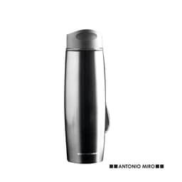 A drink bottle in silver stainless steel with a sleek design and a carrying strap, featuring a logo.