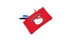 A red pouch featuring a Hello Kitty design, with pens and a white marker visible inside. It has a zip closure and a logo.