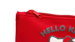 A red multipurpose bag featuring a cartoon character and a zipper closure. It has a branded design.