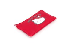 A red pouch featuring a Hello Kitty design, with a zip closure and soft, textured fabric.