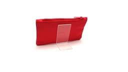 A red multipurpose bag with a zip closure displayed on a clear stand. The bag has a simple design and a logo.
