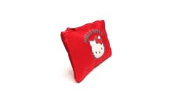 A red pouch featuring a Hello Kitty design and a zip closure, with an embellishment of a character's face.