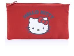 A red pouch featuring a Hello Kitty design, with a zip closure and a small graphic of the character.
