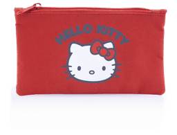 A red pouch featuring a Hello Kitty design with a zip closure and a logo on the front.