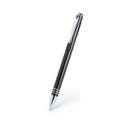 A black metal pen with silver accents and a clip, featuring a sleek design and a logo.