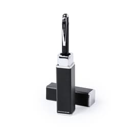 A metallic black pen with a shiny silver clip, presented in a rectangular case. The pen has a logo at the base.