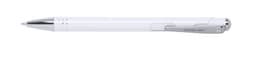 A white metal pen with a chrome clip and tip, featuring a sleek design and a branding logo.
