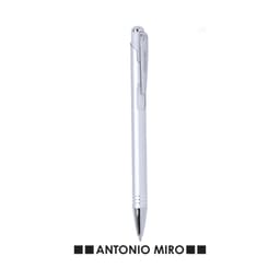 A white metal pen with a silver clip and a branding logo on it.