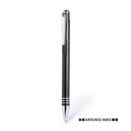 A black metal pen with a chrome clip and accents, featuring a logo at the base.