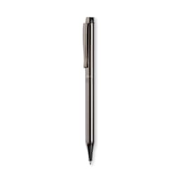 A metal pen in a sleek silver finish, featuring a clip and a smooth writing tip. Includes a logo on the barrel.