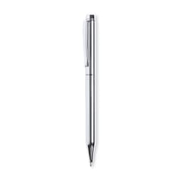 A metal pen in a sleek silver finish, featuring a clip and a polished design. It includes a branding logo.