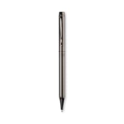 A metal pen in a sleek silver finish with a smooth surface and subtle detailing. It has a branding logo on it.