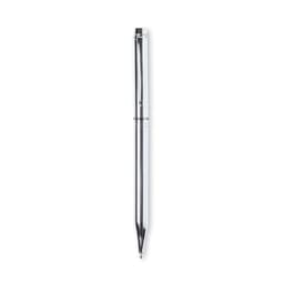 A metal pen with a sleek silver finish and a branding logo on its body.