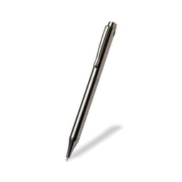 A metallic grey pen with a sleek design and clip, featuring a logo on the barrel.