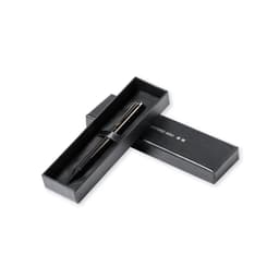A sleek black metal pen displayed inside a black presentation box, featuring a logo on the packaging.