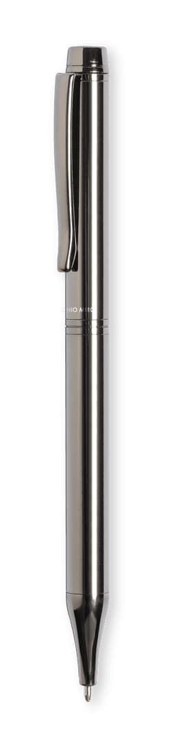 A metal pen in a sleek black finish, featuring a clip and a smooth writing tip. It has a logo on the body.