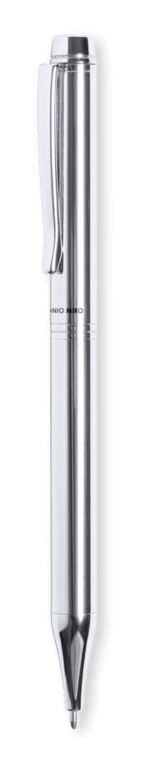 A metal pen with a sleek silver finish and a clip for easy attachment. It features a branding logo.