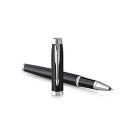 A black metal pen with a shiny silver clip, placed alongside its capped counterpart, featuring a sleek design.