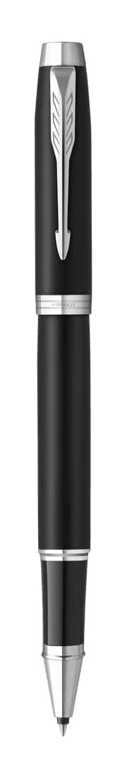 A metal pen in black with silver accents and a logo on the body.