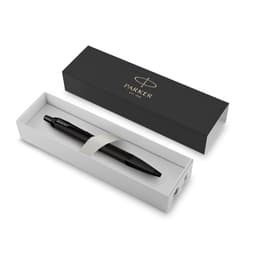 A black metal pen displayed inside a white and black box, featuring a logo on the lid.