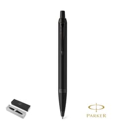 A black metal pen in a sleek design, displayed alongside a branded box. The pen features a logo.