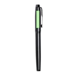 A black metal pen with a green grip and clip, featuring a branding logo.