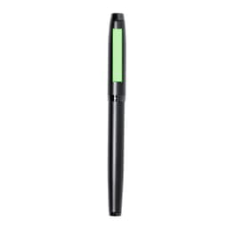 A metal pen in black with a vibrant green accent. The pen features a sleek design and a branding logo.