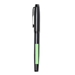A metal pen in black with a green accent, featuring a sleek design and a clip for easy attachment.
