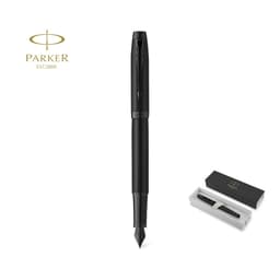 A black Parker fountain pen displayed upright, accompanied by a sleek presentation box with a logo.