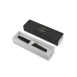 A metal fountain pen in a sleek black box with a white insert. The pen is dark with a branding logo.