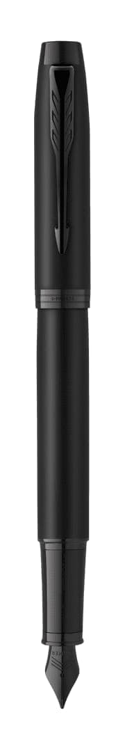 A black achromatic fountain pen with a sleek design and a pointed nib, featuring a logo on the body.