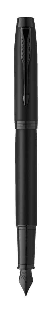A black fountain pen with a sleek design and metallic finish, featuring a branded logo.