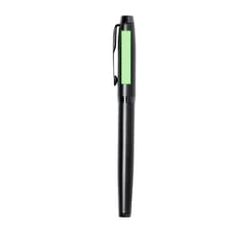 A black fountain pen with a green grip and a pocket clip. Features a sleek metal design. Includes a logo.