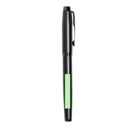 A black fountain pen with a green accent and a clip, featuring a branding logo.