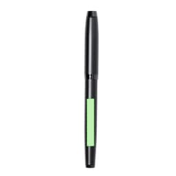 A black fountain pen featuring a vibrant green accent and a sleek, modern design. It has a logo on the side.