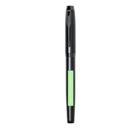 A black fountain pen with a green accent and a clip, featuring a logo on its side.