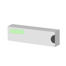 A grey box with a green label area and a round opening on one side. The box features a logo.