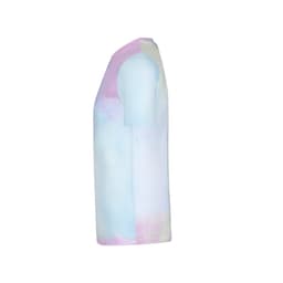 A side view of a light blue and pastel pink tie-dye t-shirt featuring short sleeves and a round neckline, with a logo.