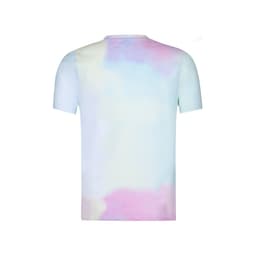 A pastel tie-dye T-shirt in soft hues of blue, pink, and white, featuring a logo on the back.