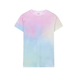 A pastel-coloured T-shirt featuring a gradient of pink and blue hues, with a simple design and a logo on the label.